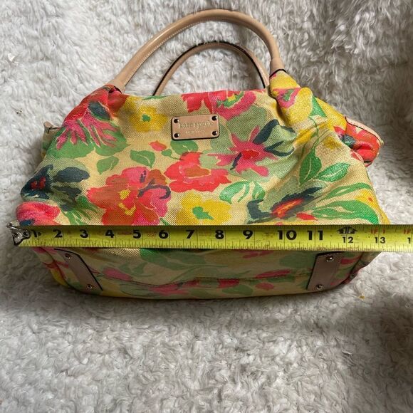 Kate Spade Burlap painted floral prints shoulder bag tan leather straps &trims - Picture 15 of 16